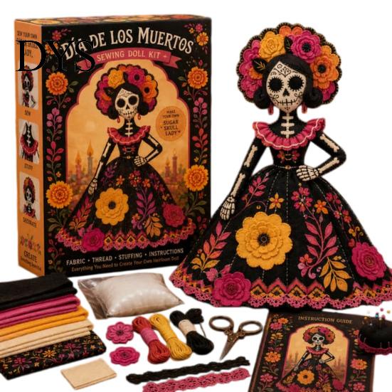 Volkskunstpuppen Bastelset Tag der Toten Patchwork DIY-Set, Zuckerschädel Nähen Bastelsets für Erwachsene, Feiertags-Andenken-Herstellungsmaterialien Halloween