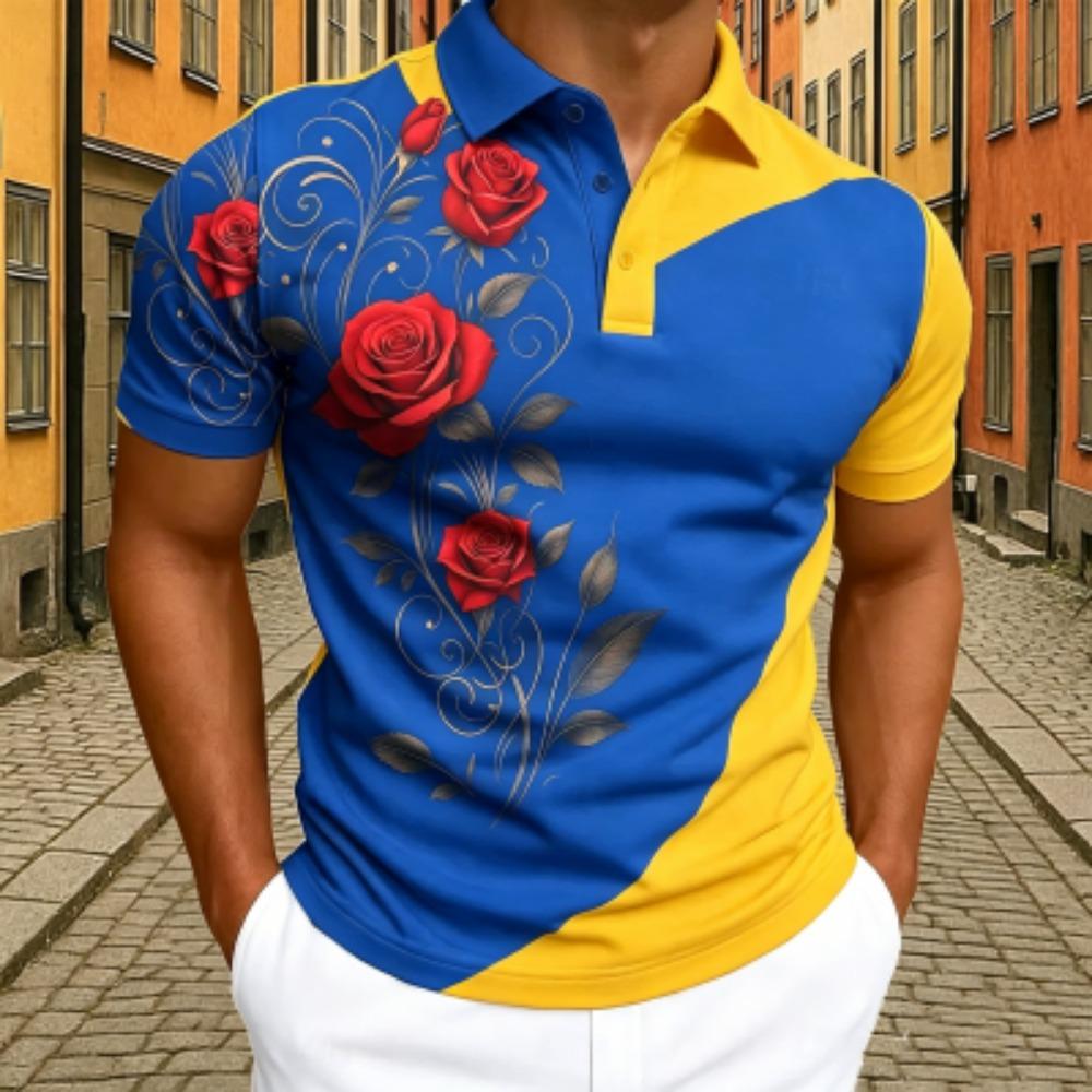 Elegant Rose Floral Print Polo Shirt Men's Outdoor Street Short Sleeve Tees Top Summer Home Casual T-shirt Men's and Women's Polo Shirt