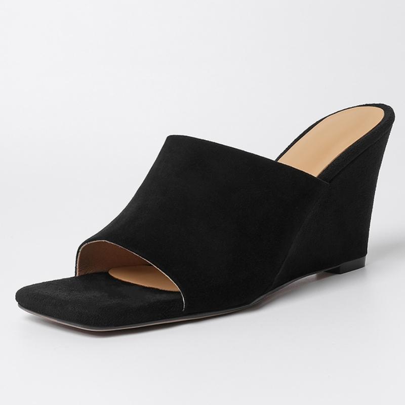 

Wedge High Heels Women s Slippers Summer Mules Shoes Ladies Genuine Leather Peep toe Sandals Black Silver White Slides Shoes 34 чёрный