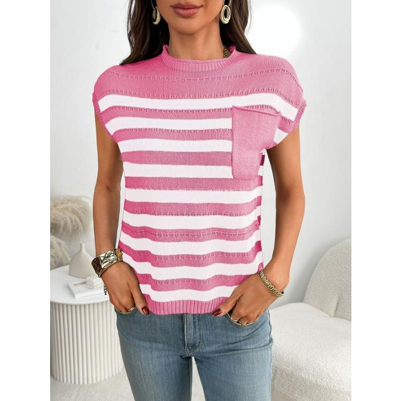 Summer New Women's Round Neck Top Thick Stitch Casual Striped Sweater