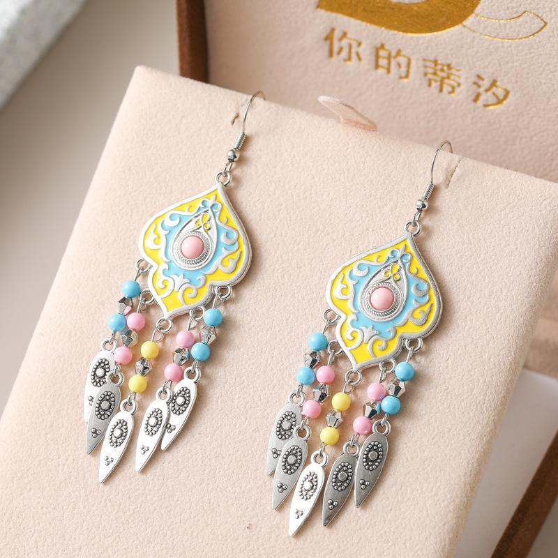 

Ethnic Unique Pattern Geometric Charm Earrings for Women Creative Drop Oil Colorful Beads Metal Tassel Hanging Earrings Jewelry