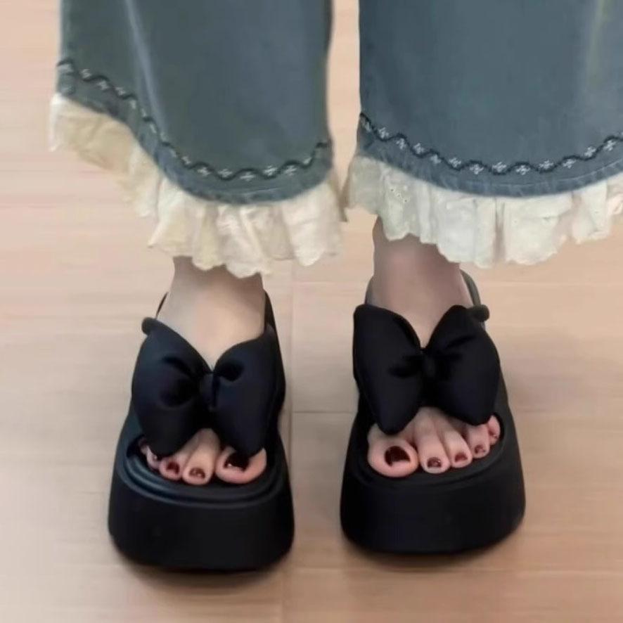 French black platform heightening sandals female 2025 summer new gentle fairy wind bow word slippers