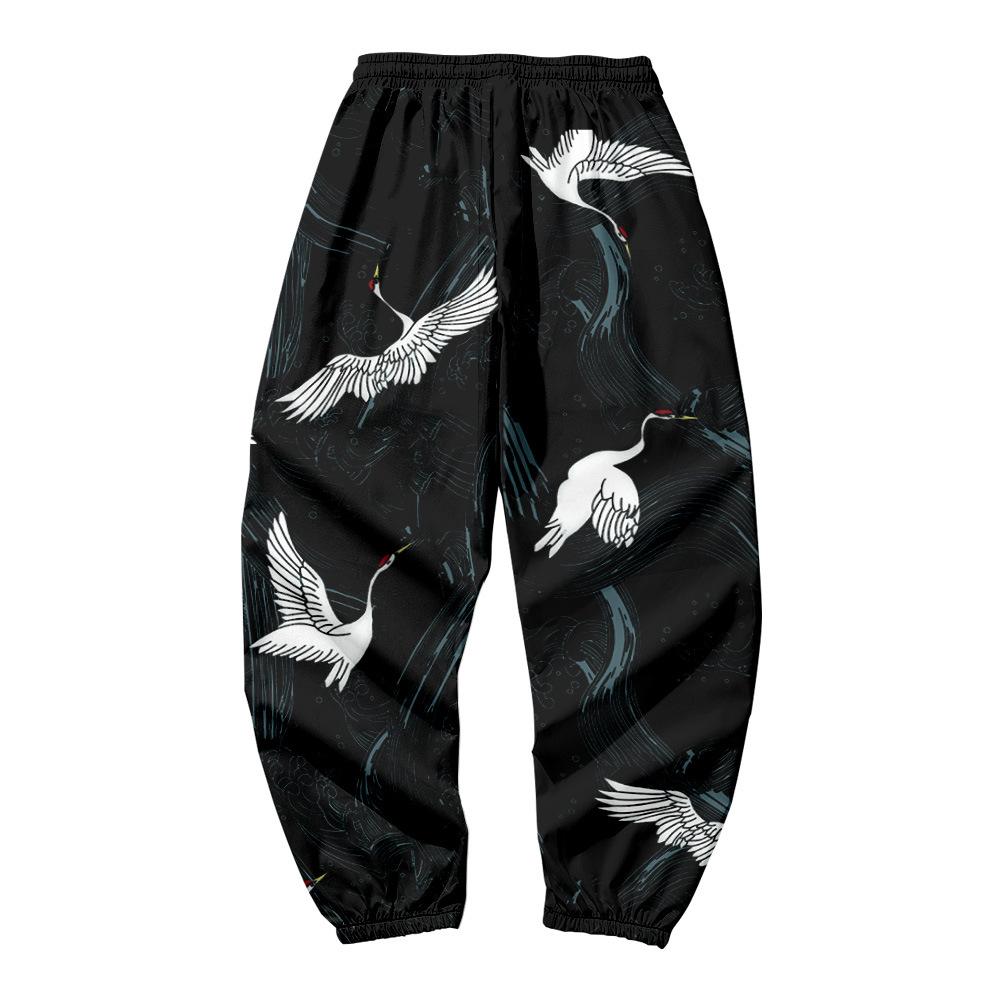 Great Wave of Kanagawa Crane Splicing Printed Casual Beach Harem Pants Men Hip Hop Nine Points Trousers Jogger Sweatpants