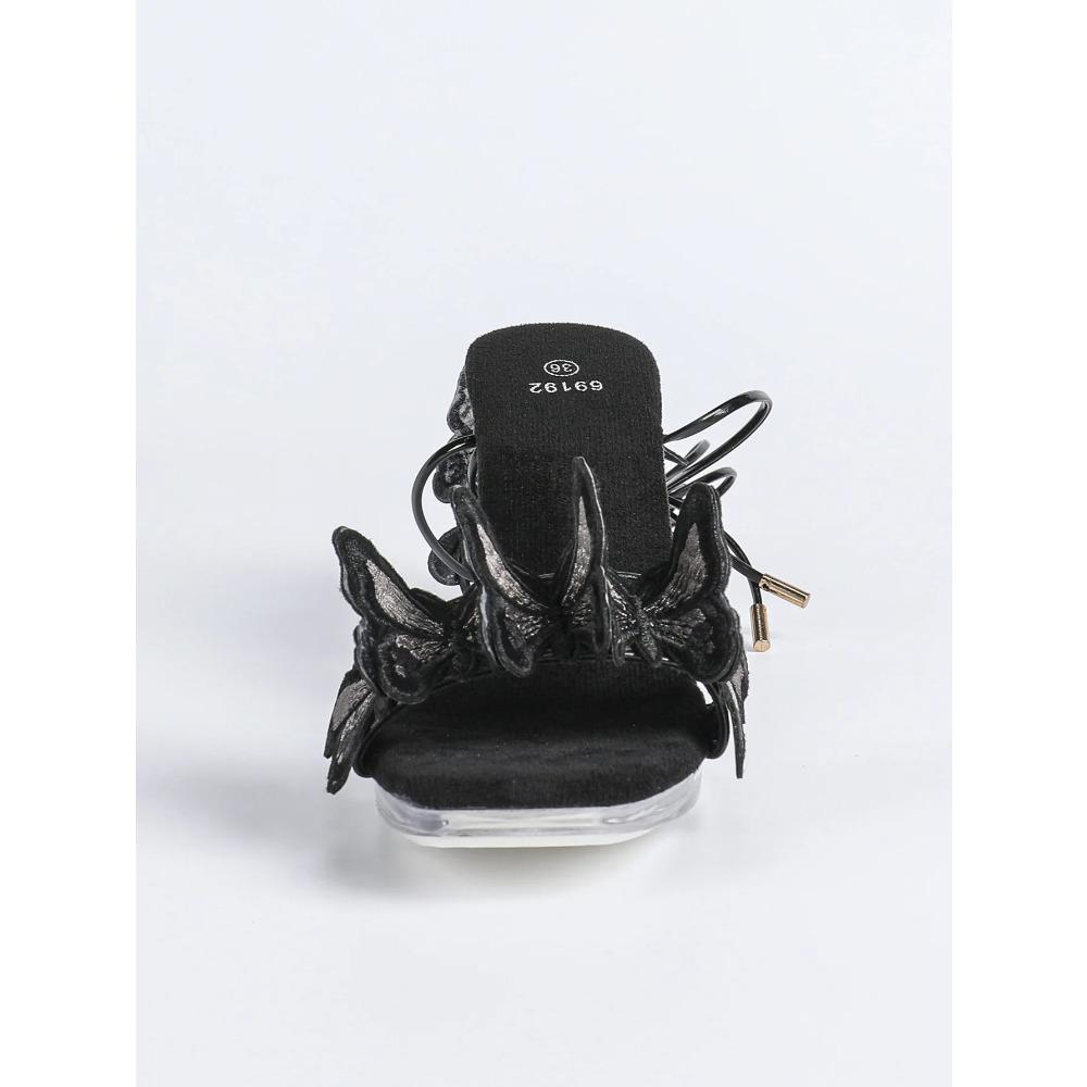 12cm Klarer Absatz Neu Sexy Mode Transparent Blockabsatz Kristall Quadratische Zehe Rutschfest Schnürung Schmetterling Sandalen LFD-69192-9