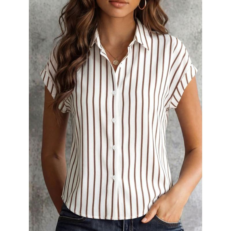 Damen S Gestreiftes Kurzarm Hemd mit Knöpfen Sommer Lässige Bluse
