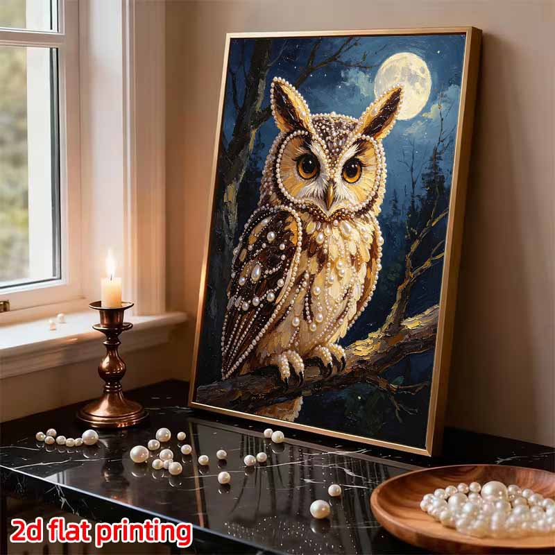 DIY Framed Pearl Bead Art Kit Moonlit Owl Sparkling Canvas Painting for Modern Room Wall Decor and Unique Artistic Home Gift