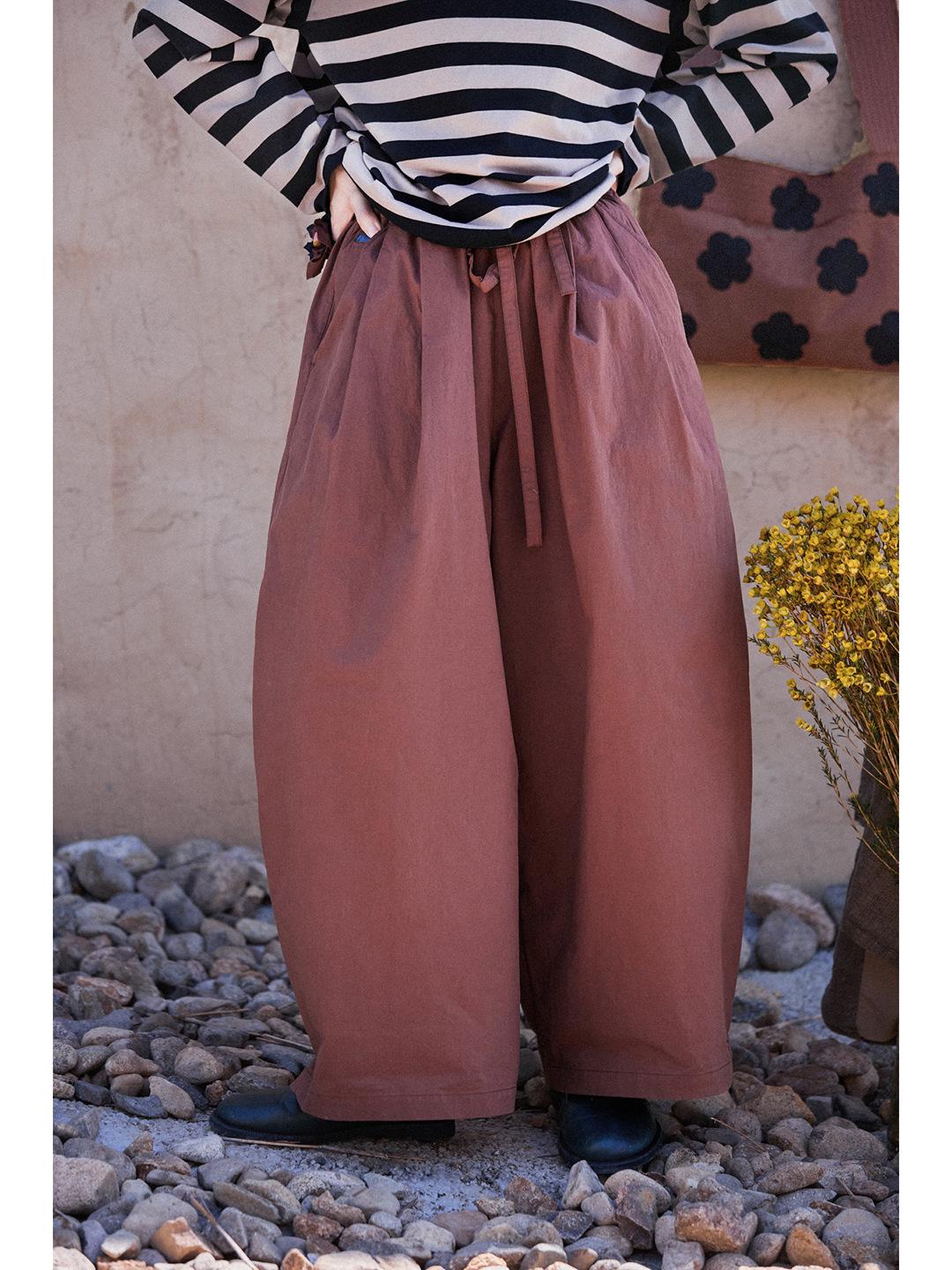 Artistic Retro Three-Season Hazelnut Wide-Leg Cotton Trousers Large