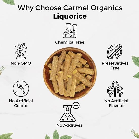 CARMEL ORGANICS Lakritze(Mulethi) Ganze Wurzel (100 Gramm) | Yashtimadhu für Ihre Gesundheit| Glycyrrhiza Glabra| Keine zugesetzten Konservierungsstoffe