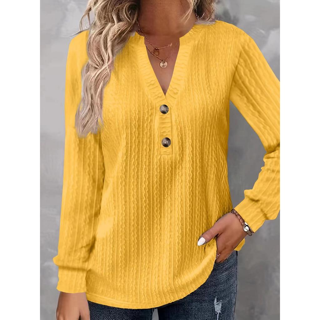 Autumn and Winter Women's Long Sleeved Solid Color V-neck Button T-shirt Top