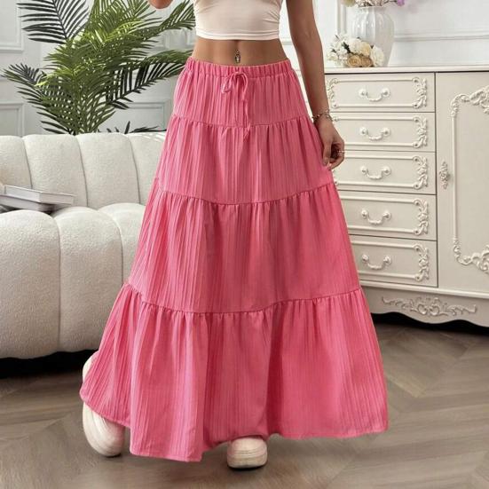Damen Langer Rock Frühling Sommer Mittlere Taille A-Linie Fließend Schwingender Rock Atmungsaktiv Einfarbige Elastische Taille Kordelzug Falten Casual Rock