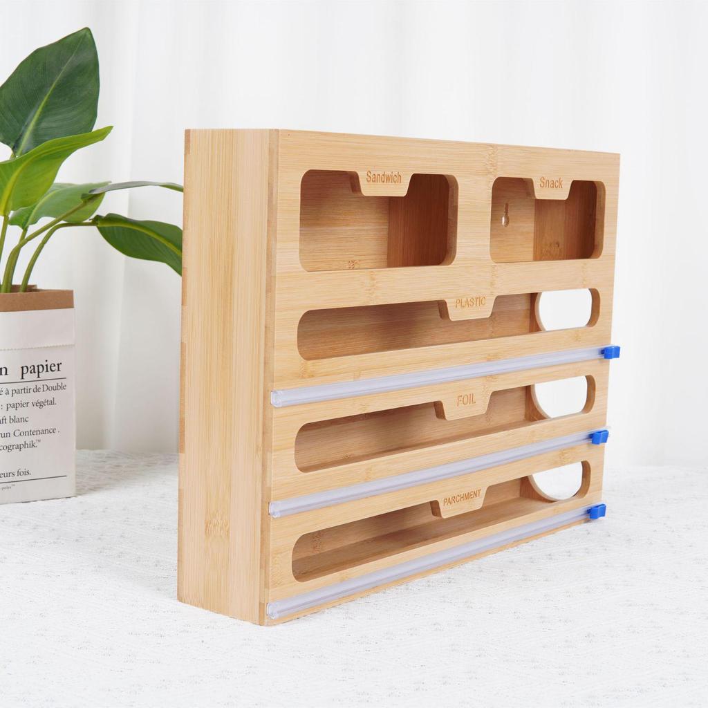 Bamboo Wood Drawer Storage Box with Aluminum Foil & Plastic Wrap Cutter