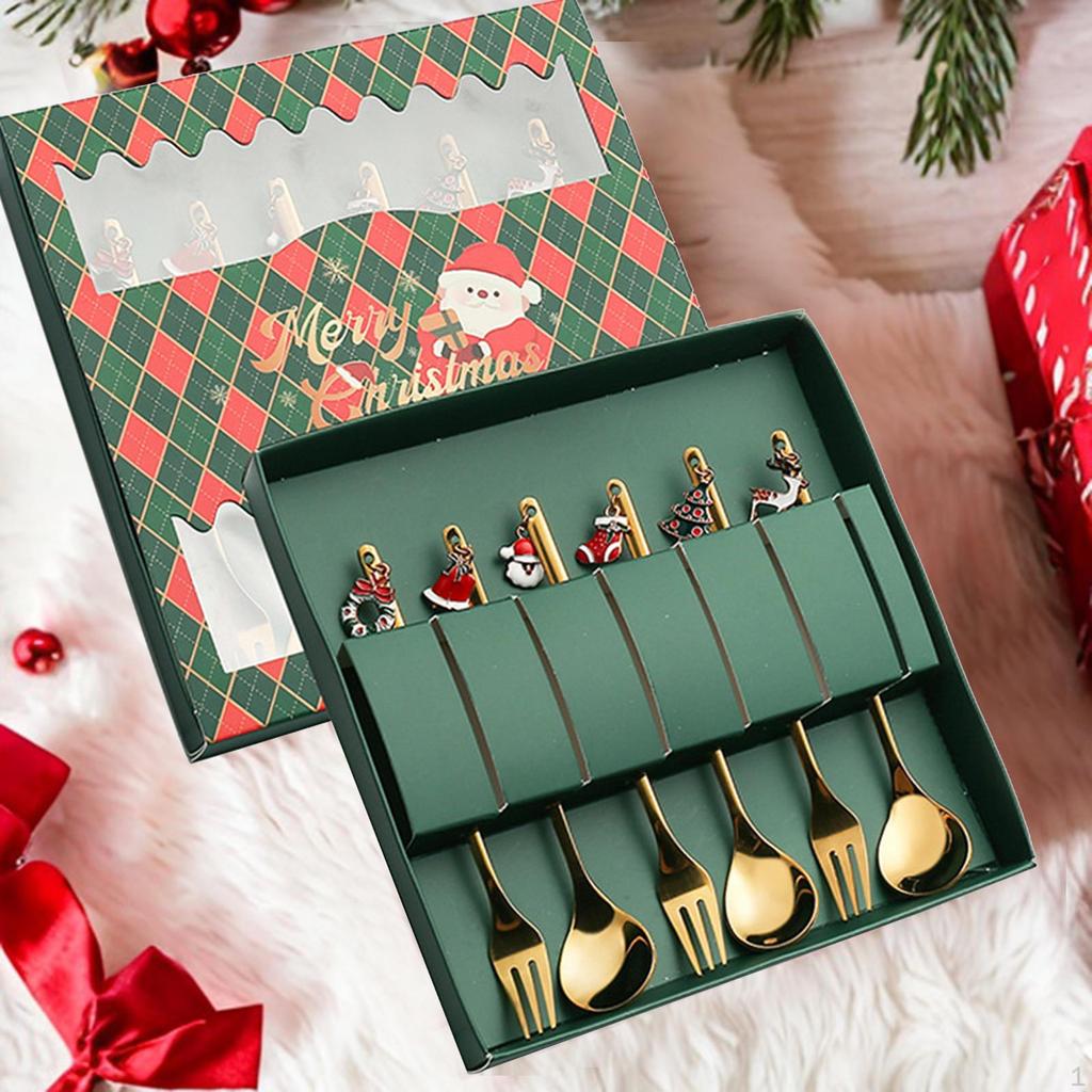 4Pcs Christmas Tableware with Gift Box Creative Stainless Steel Spoons Forks for Dinner