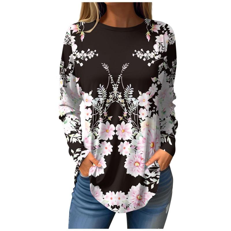 Damen T-Shirt mit 3D-Blattdruck, modisch, langärmlig, Rundhalsausschnitt, normale Oberteile, Feiertagswochenende, Frühling und Herbst