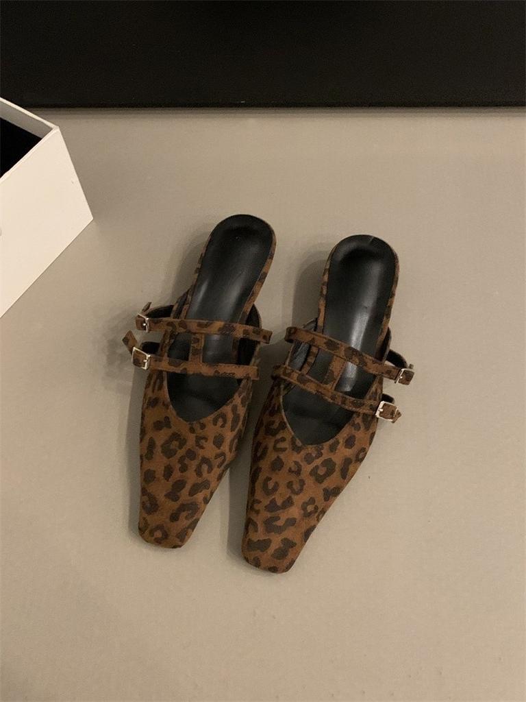 Suede bag head thick heel muller shoes summer half slippers wear cool slippers leopard print slippers half tray