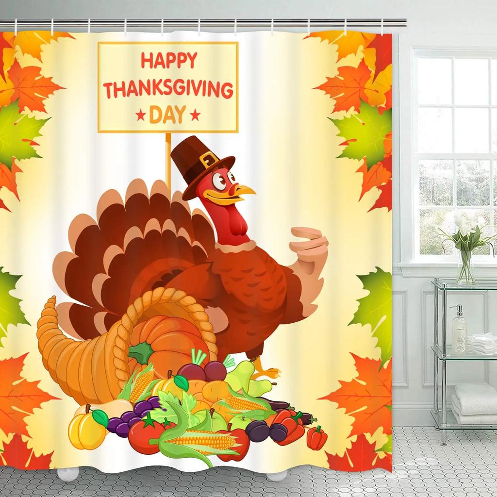 Thanksgiving Shower Curtain,Cartoon Turkey And Autumn Leaves Shower Curtain For Bathroom Decor Polyester Waterproof Bath Curtain