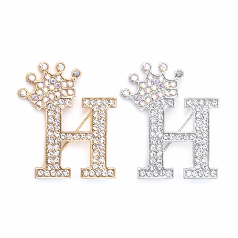 Fashion Crown 26 Initial Letters A To Z Rhinestone Brooches For Women Coat Dress Lapel Collar Pin Jewelry Accessries