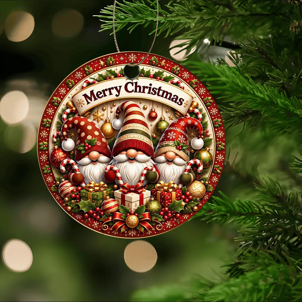 Cute Scandinavian Gnomes with Gifts Acrylic Christmas Tree Ornament festive round hanging sign Christmas tree ornament Xmas party decor