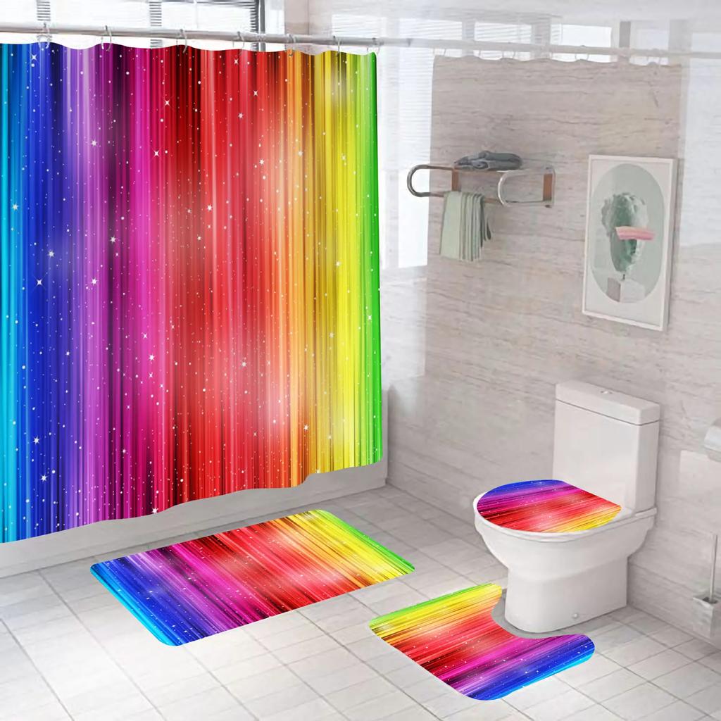 Colourful Rainbow Cube Shower Curtain Set And Bath Rugs Set Vibrant Pattern Bathroom Shower Curtains Set For Bathroom Home Decor