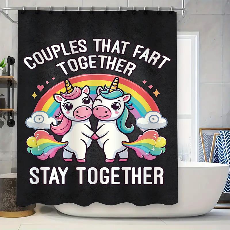Adorable Unicorn Shower Curtain Set Funny Bathroom Decor For Couples Who Love Farting Together Stay Together Easy Installation H