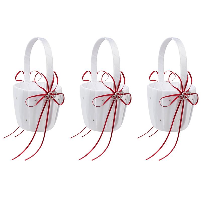 

ABFS 3X Double Heart Wedding Flower Girl Basket White Satin Rhinestone Decor Red Wedding Ceremony Party Favor