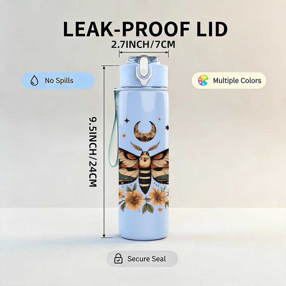 1PC Moth Sunflower Botanical Motif 750ml Color Plastic Sports Water Bottle Leakproof Flip Straw Lid For Sports Office Home Use