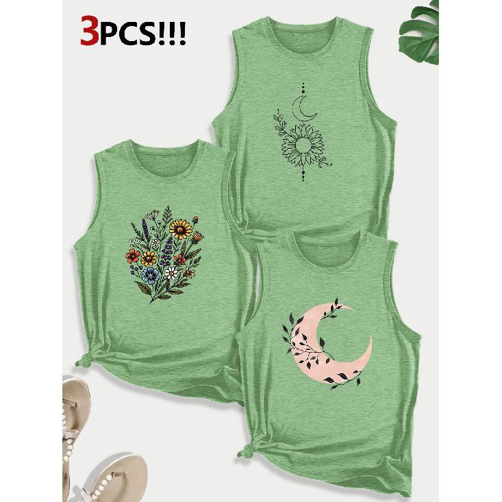 Dog Lover Paw Print Combination Gift Printed Pattern Round Neck3Pack of Sleeveless Vests for Women In Spring, Summer, and Autumn