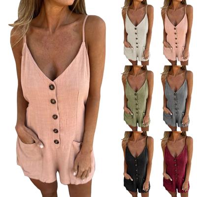 Women's Romper Summer Casual Cotton Short Jumpsuit Spaghetti Strap Sleeveless Overalls Loose Fit With Pockets