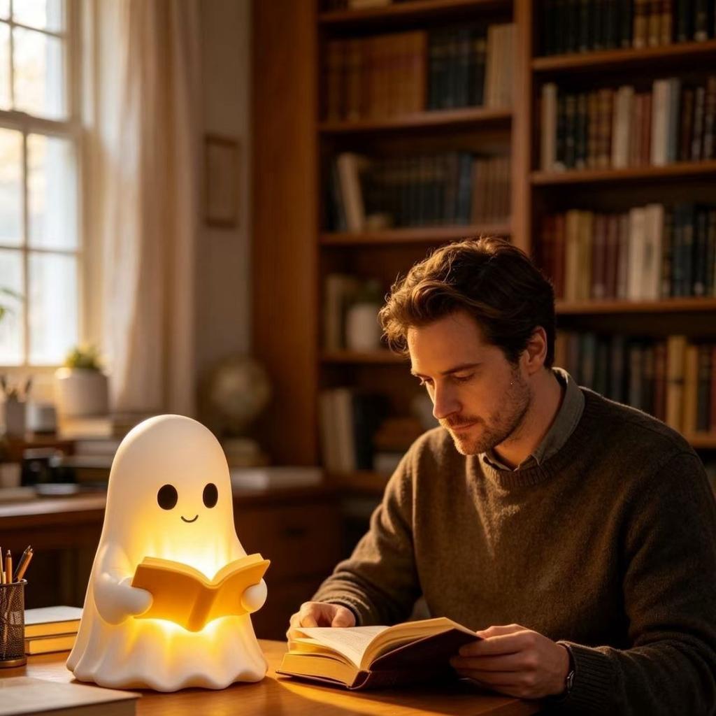 Cute Halloween Ghost Reading Night Light Decor, Warm LED Bedroom Table Lamp, Spooky Yet Adorable Holiday Gift
