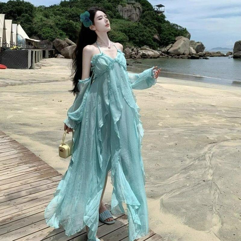 Pure and alluring style, sexy backless backless beautiful halter-neck spaghetti strap dress, fairy summer seaside vacation-style long dress S