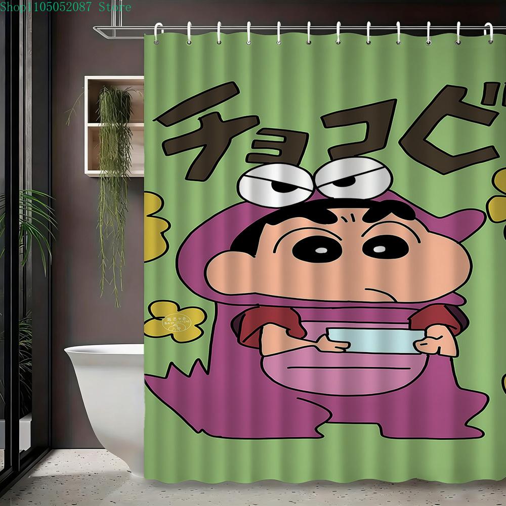 Crayon Shin-Chan Himawari & Pink Crocodile Toy Cartoon 2D Print Waterproof Shower Curtain, Minimalist White With Colorful Stars