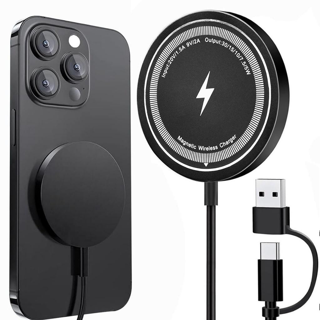 15W Magnetic Wireless Charger for iPhone - Aluminum Alloy Fast Charging Station with USB C Multi-Port Compatible Flash Charger for Apple Watch