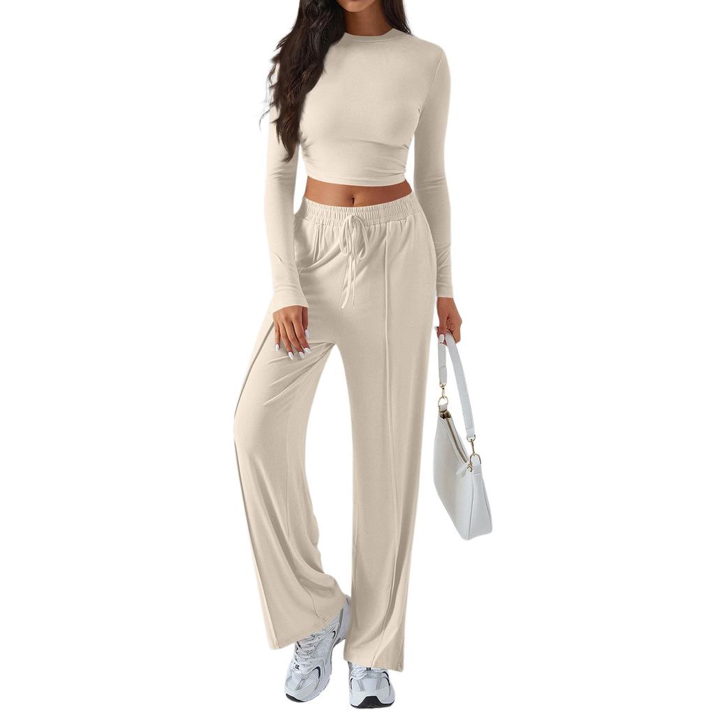 Women's 2 Piece Outfits Sets Ruched Long Sleeve Tops  Wide Leg Pants Tracksuit Sets