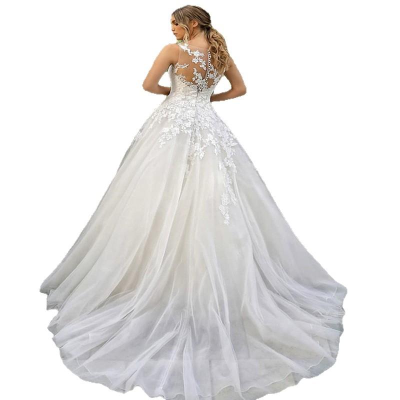 European and American New Wedding Dress Crew Neck Lace Long Sleeve Satin Thin Can Be Ordered Large Size