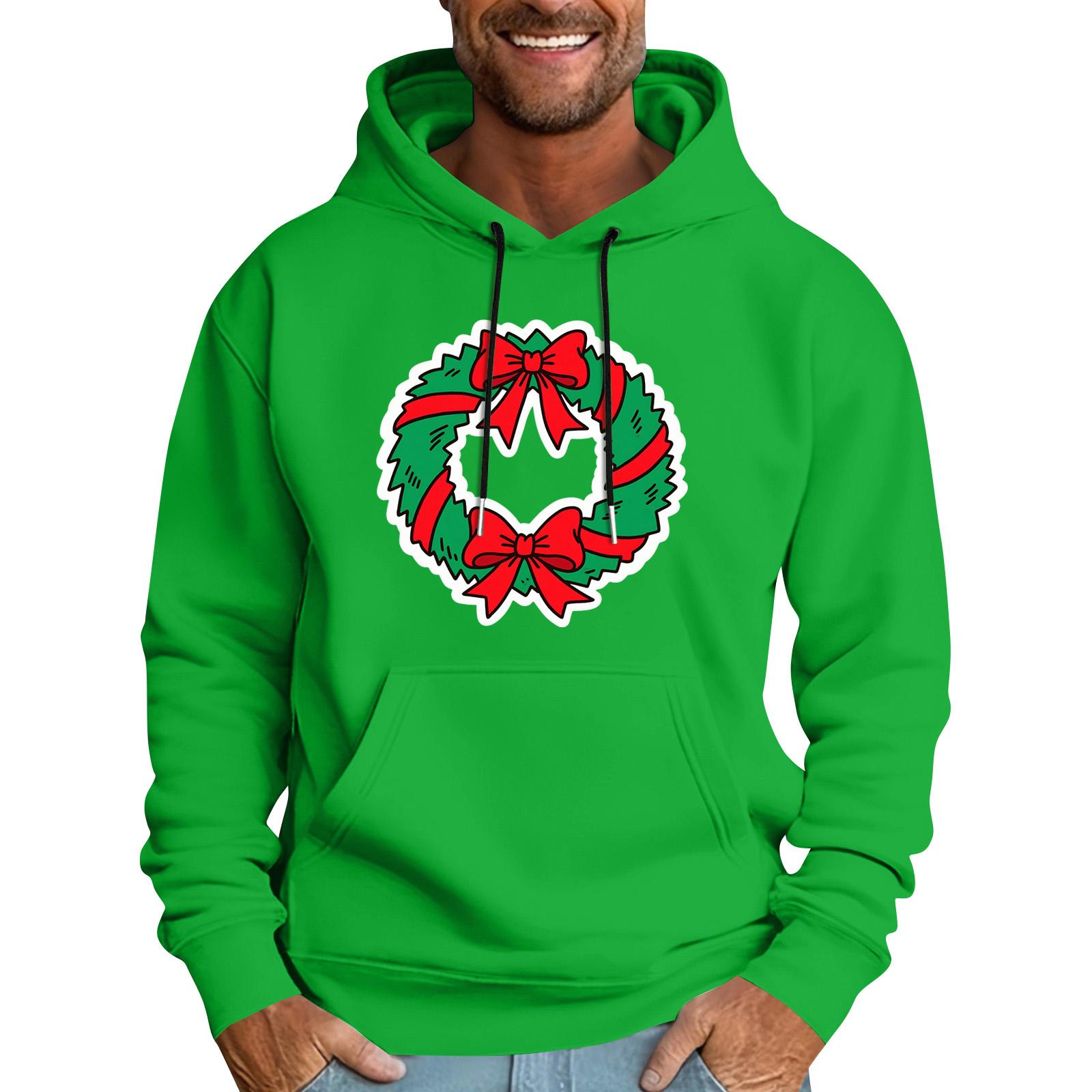 Men s Casual Sports Hooded Pocket Christmas Print Long Sleeve Sweatshirt L
