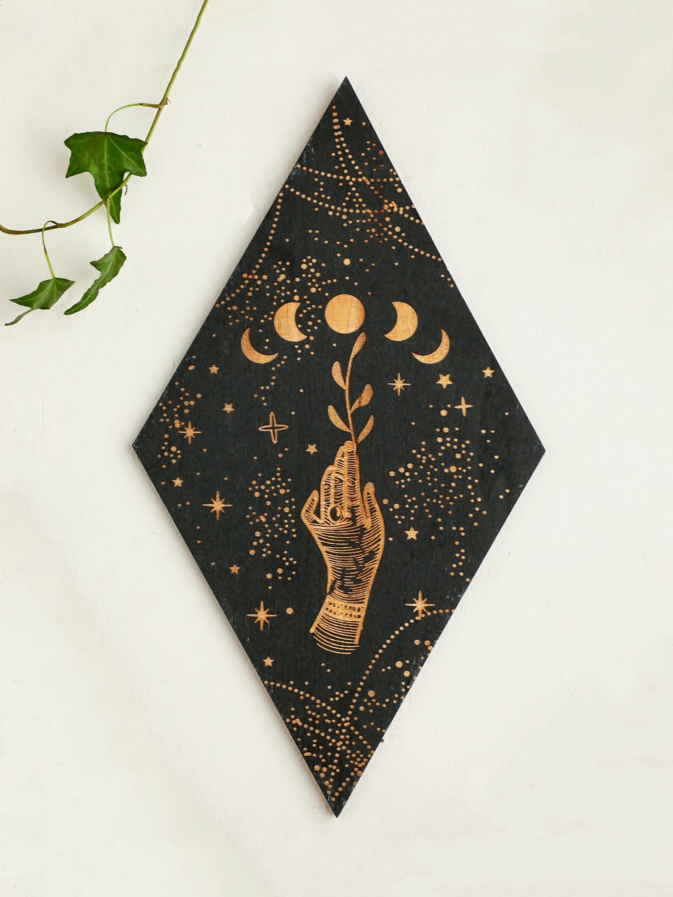 

Black Moon Phase Wooden Wall Decor Rhomboid Witch Wall Hanging Decor Wall Art Boho Home Decoration Room Decors Aesthetic Gift