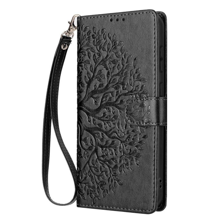 Embossed Tree Wristband Phone Case for Samsung S25 S24 S23 S22 S21 A56 A55 A54 A53 PU Leather Card Slots Wallet Case for iPhone 17 16 15 14 13 12 11