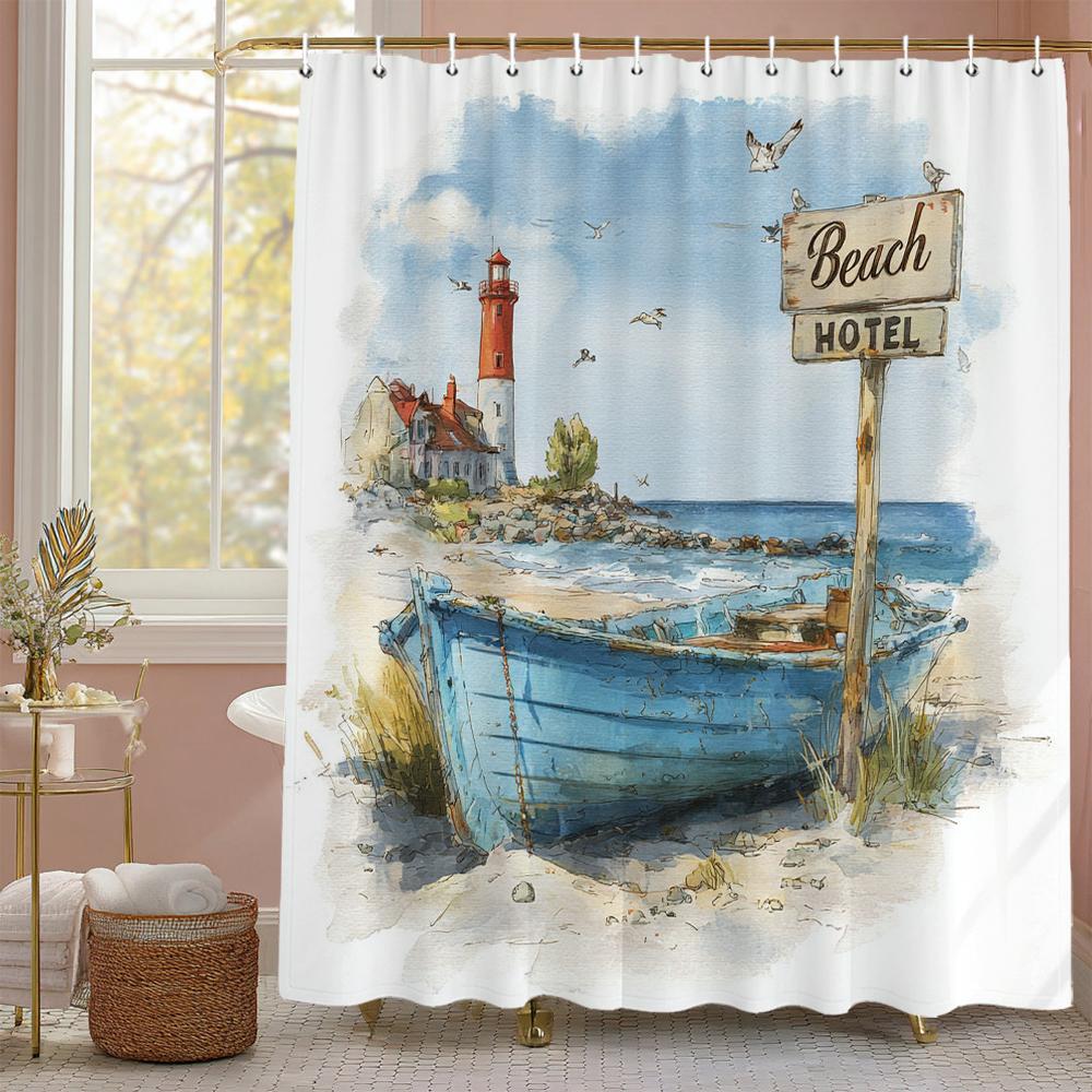 Blue Sea ocean beach scenery Theme Shower Curtain, Bathroom Decorative Shower Curtain, Print polyester Curtain with Hooks