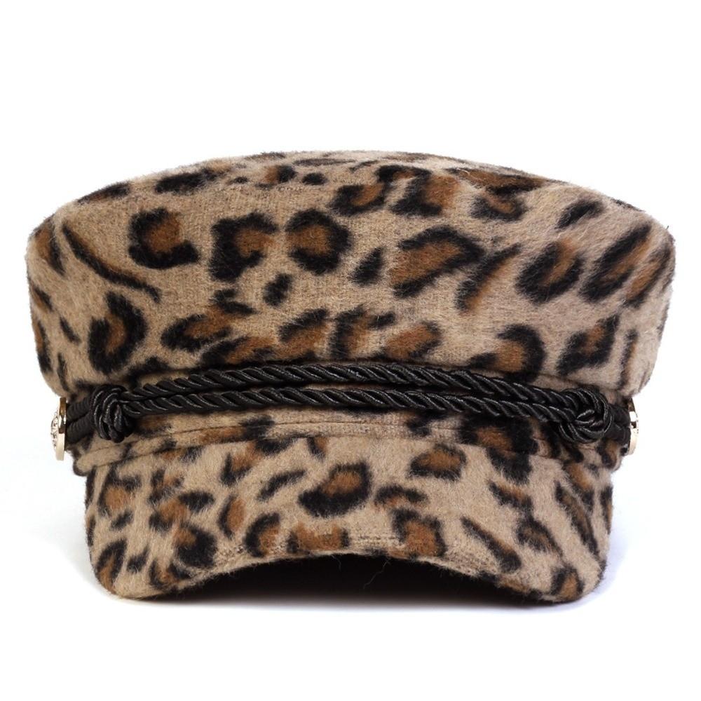 Decorative Button Flat Top Hat Vintage Style Leopard Print Cap Casual Newsboy Beret Hat Party
