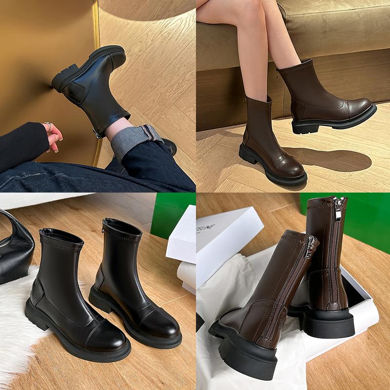 Dünne Stretch-Stiefel Neue Retro-Stiefeletten für Damen im britischen Stil für Frühling und Herbst mit runder Spitze