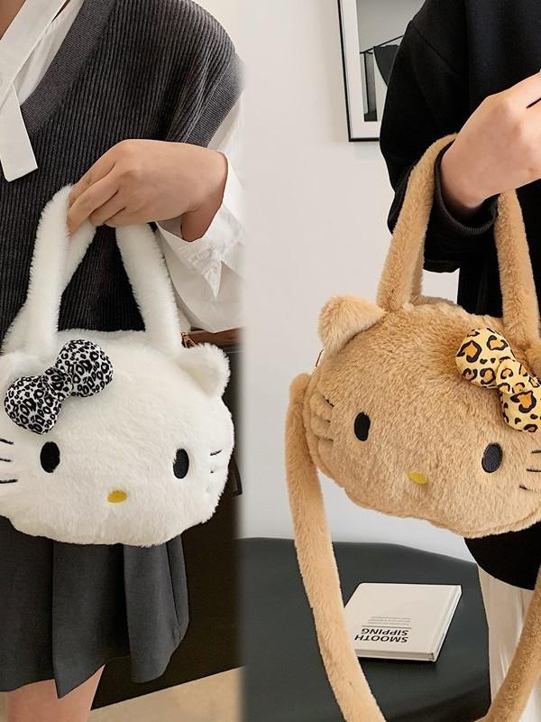 Borsa a tracolla rotonda in peluche Hello Kitty a cartoni animati con cerniera per bambine