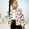 Girls Stand Collar Long Sleeve Jacket Halloween Ghost Bat Print White Casual Top