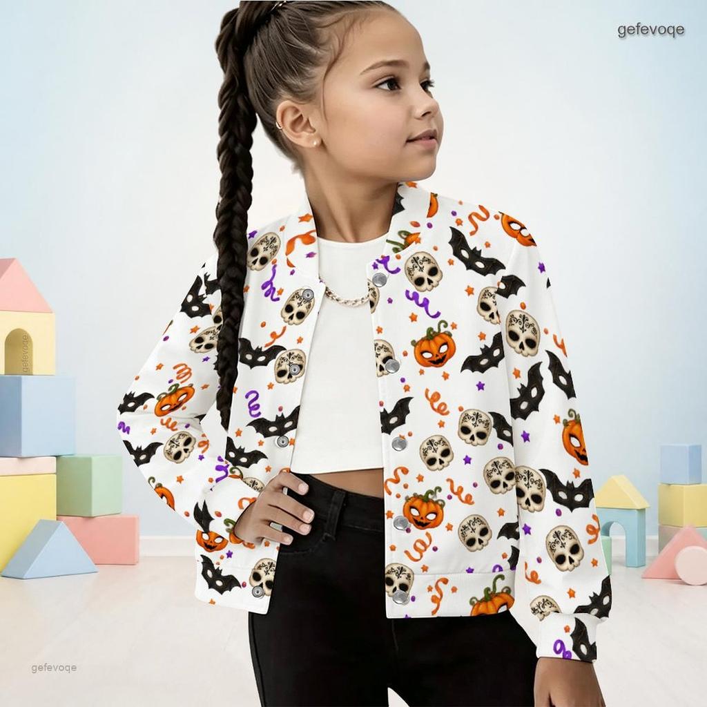 Girls Stand Collar Long Sleeve Jacket Halloween Ghost Bat Print White Casual Top