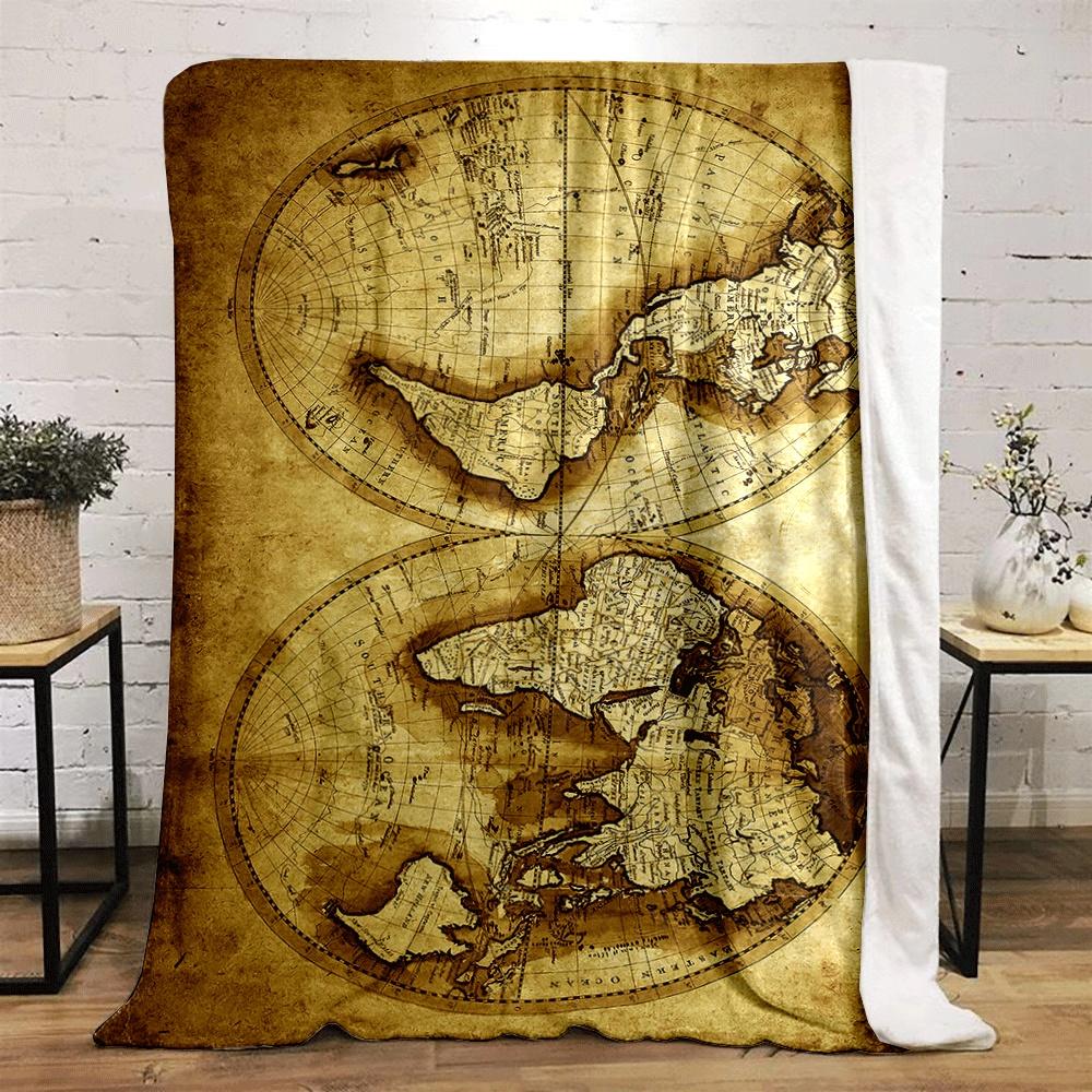 Two circular sepia-toned world maps with vintage geographic details. for all seasons blanket lunch break throw gift