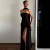 European & American Elegant Off-Shoulder Slim Fit Slit Dress with Ribbon Back