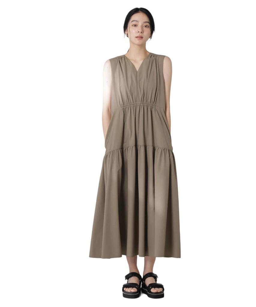 Nano Universe MINOTECH Gathered Tiered Size S (R) V-Neck Dress, Women's, (180), Khaki, 669-5119315