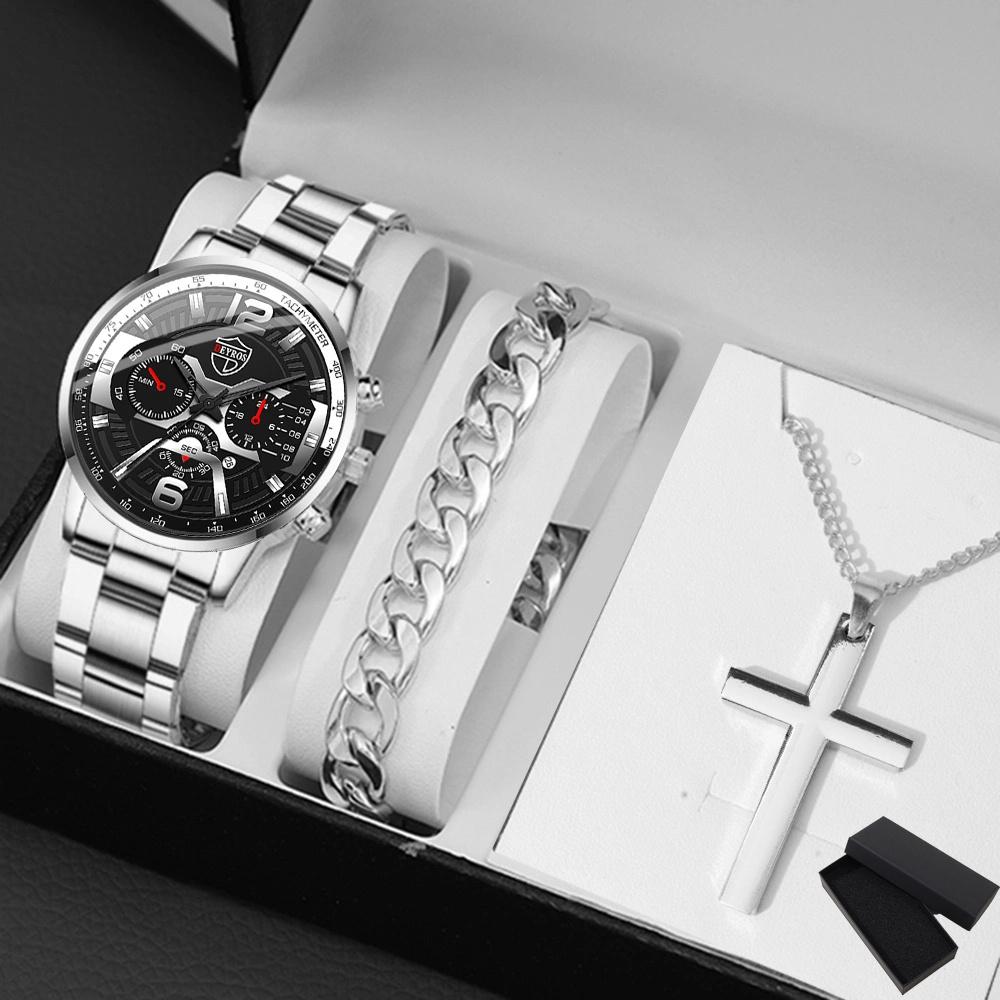 

Набор из 3 предметов, модные золотые часы с браслетом и ожерельем, мужские деловые повседневные кварцевые часы с датой, мужские наручные часы из нержавеющей стали для мужчин, подарок