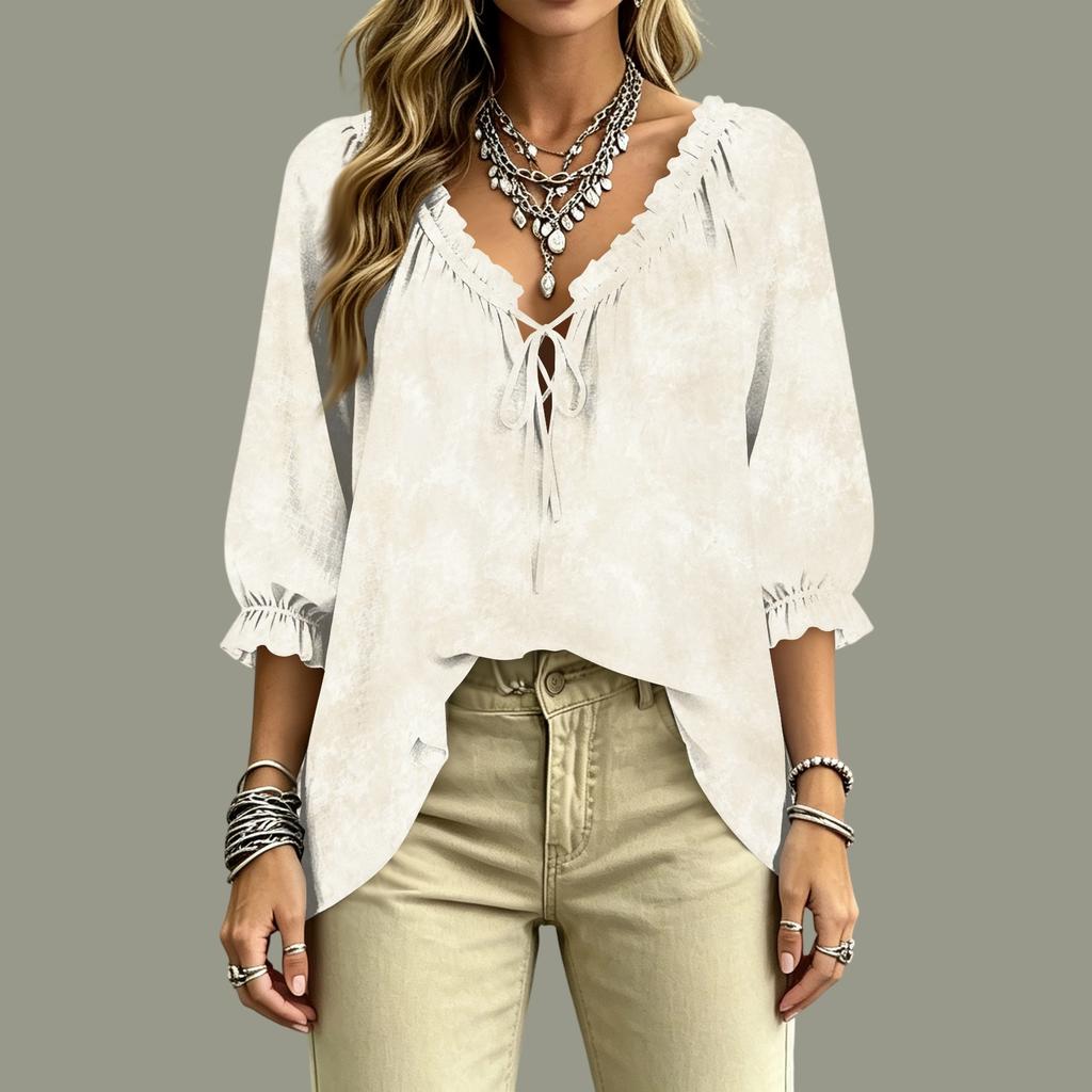 Camicetta Casual da Donna con Scollo a V Stampata a Maniche 3/4 con Nodo Frontale e Bordi Arricciati