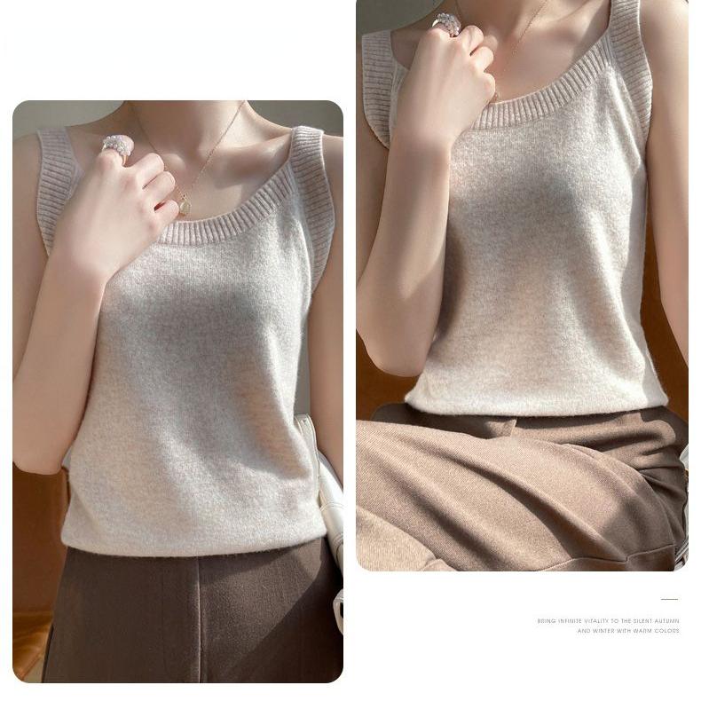 Short Knitted Tank Top with Round Neckline for Women Sleeveless Basic Vest