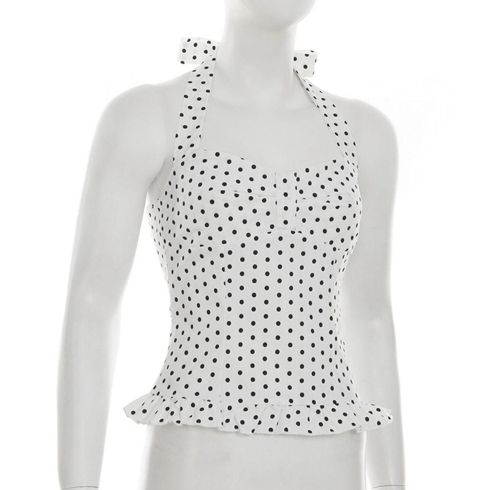 Dot Halter Ruffle Vest Top Lace Up Women Camisole Fashion Sleeveless Crop Top  Streetwear