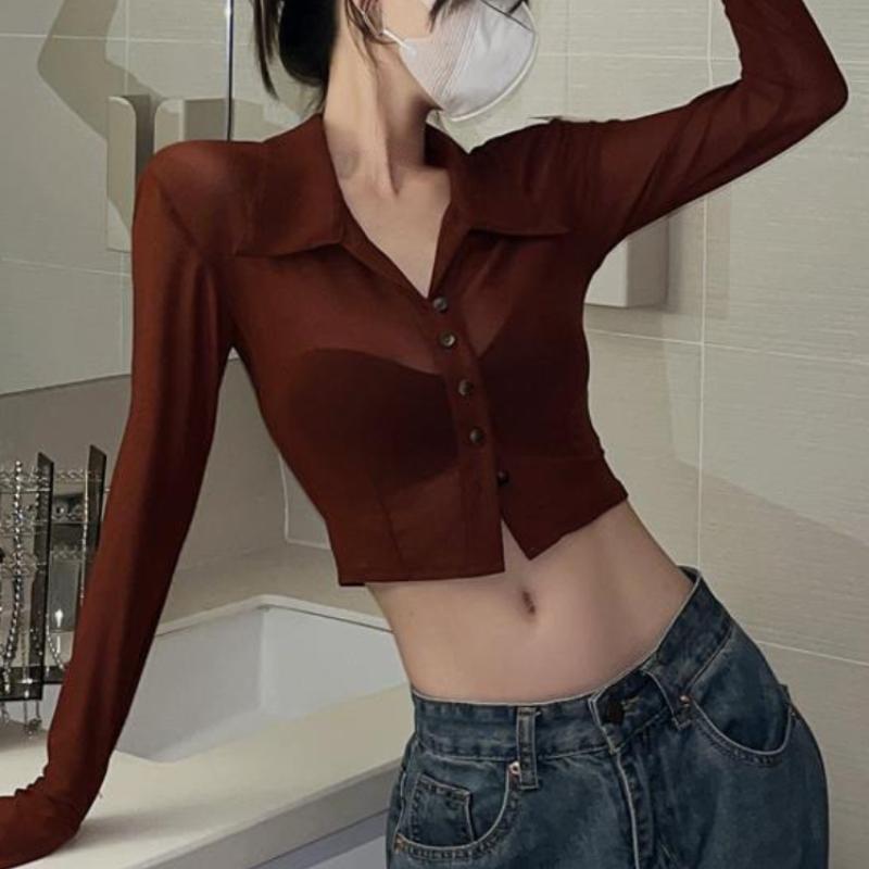 Deeptown Vintage Streetwear Crop Halenky Dámské Jednolité Sexy Průhledné topy ze síťoviny Dámská košile Slim Fit s dlouhým rukávem